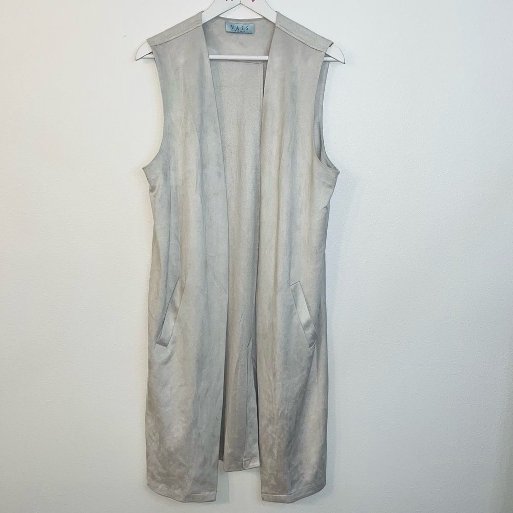 Joan Vass Long Sleeveless Vest in Light Gray